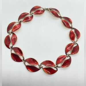 Vtg David Anderson 925 Sterling Gold Gilt Red Enamel Double Leaf Necklace | 15”L